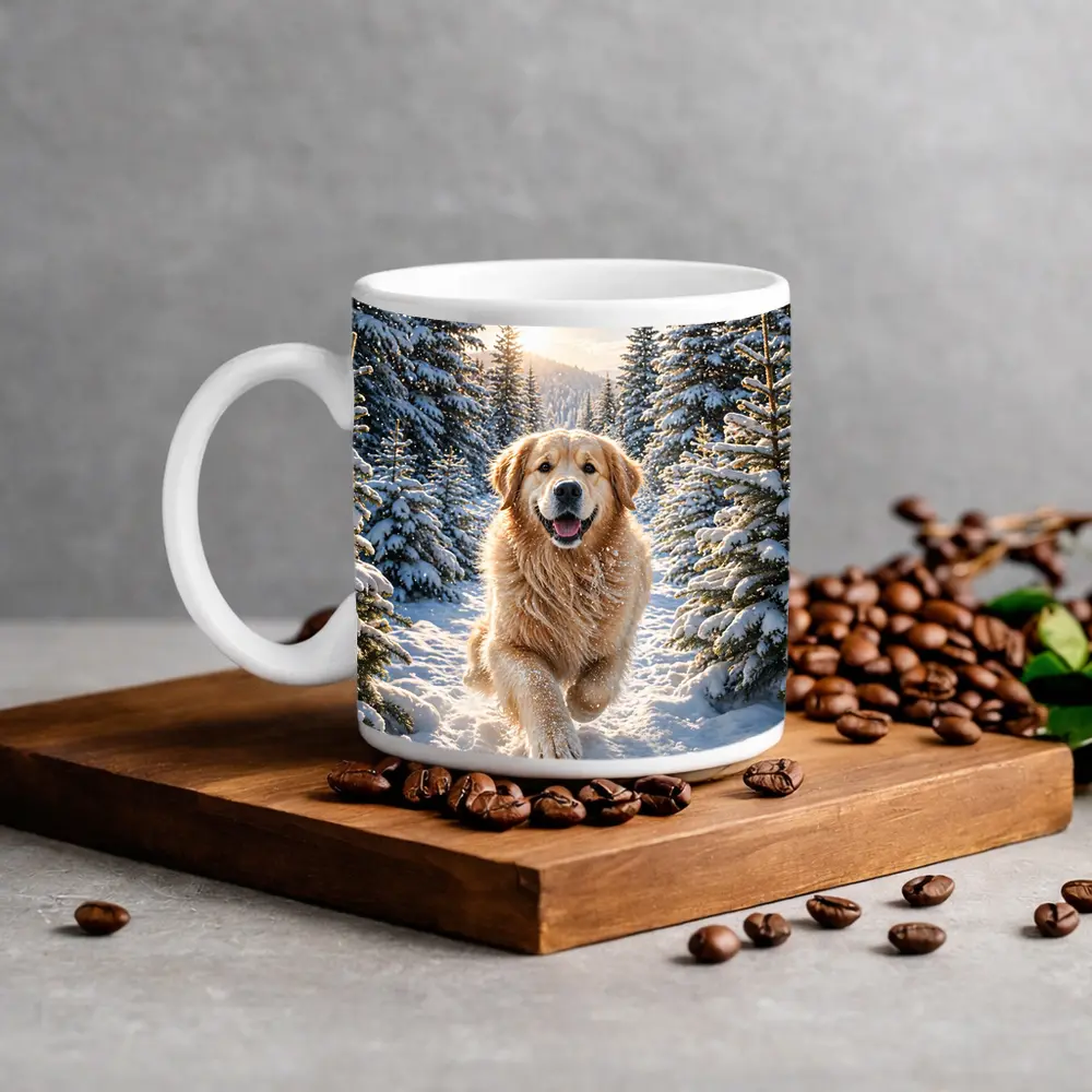 Golden Retriever Running Through Snowy Forest – Mugs