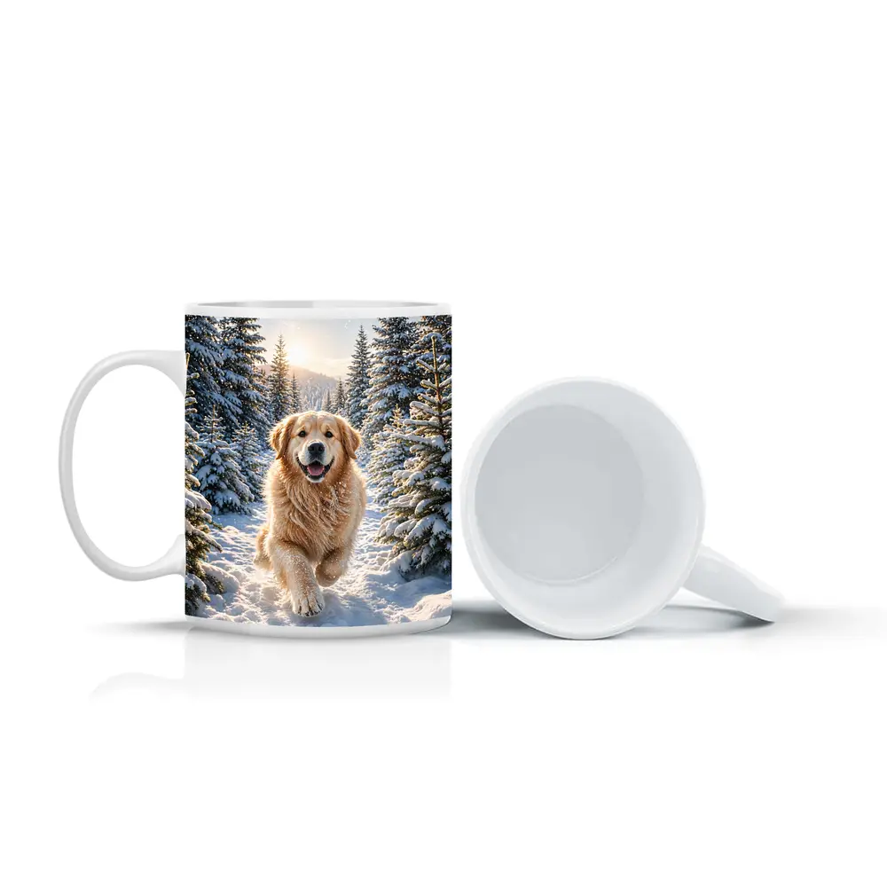 Golden Retriever Running Through Snowy Forest – Mugs