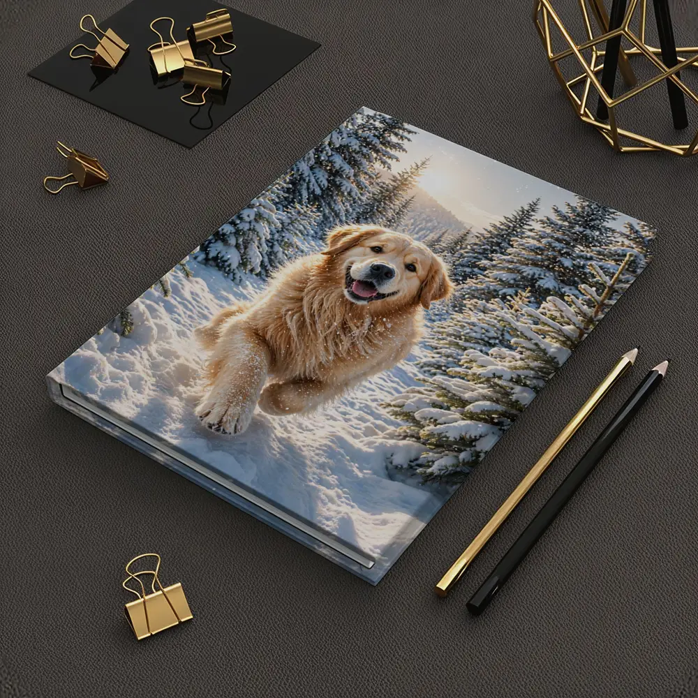 Golden Retriever Running Through Snowy Forest – Notebooks