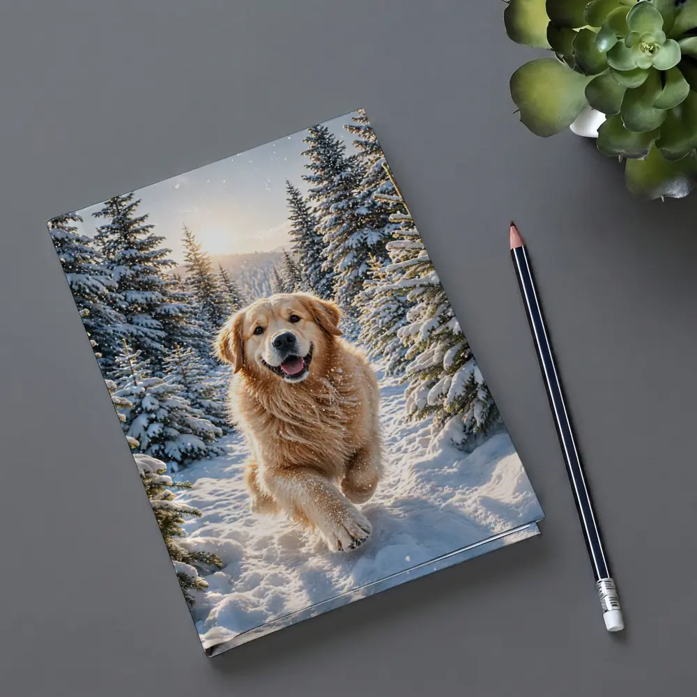 Golden Retriever Running Through Snowy Forest – Notebooks