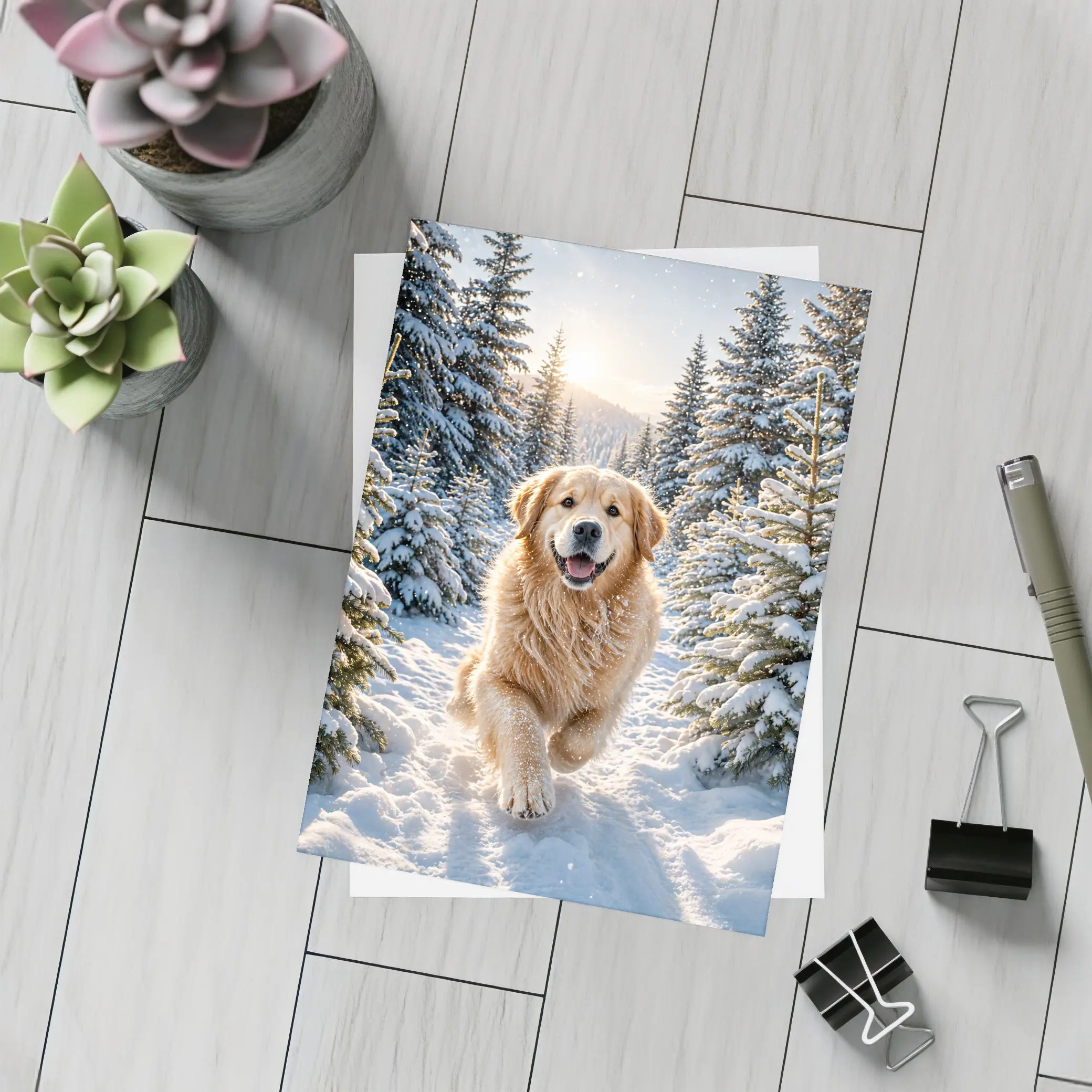 Golden Retriever Running Through Snowy Forest – Postcards