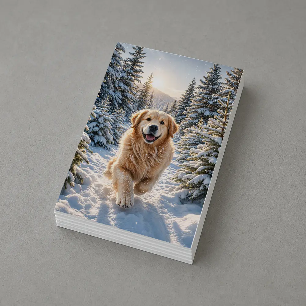 Golden Retriever Running Through Snowy Forest – Postcards