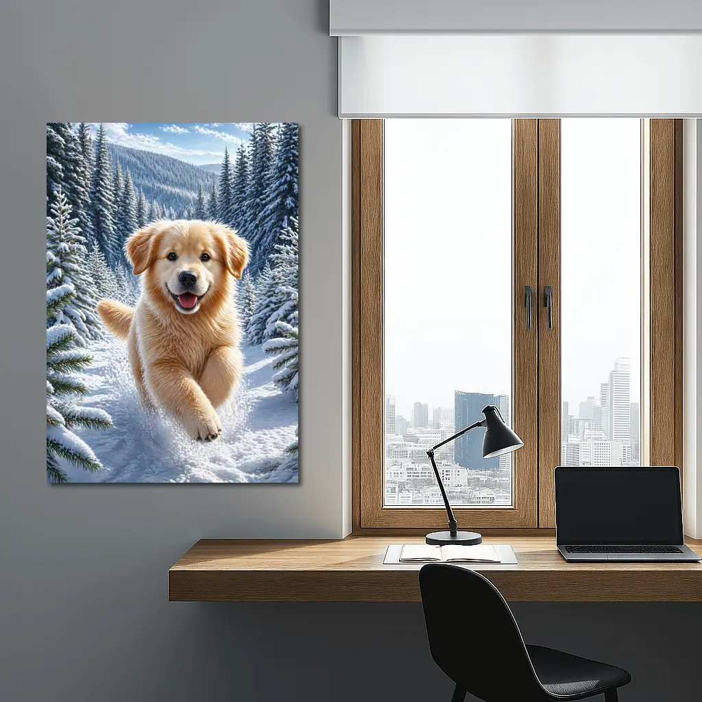 Golden Retriever Puppy Running Through Snowy Forest – Wall Art