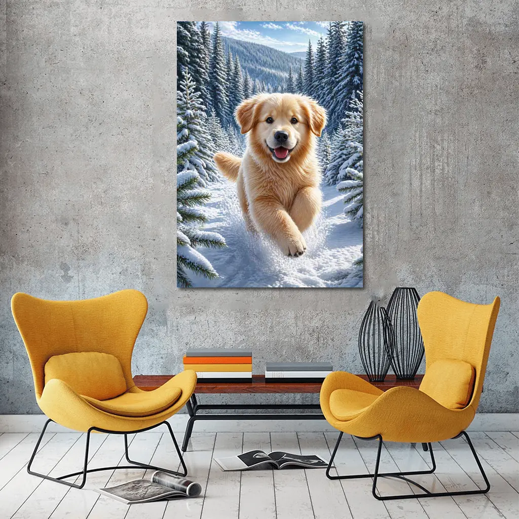 Golden Retriever Puppy Running Through Snowy Forest – Wall Art