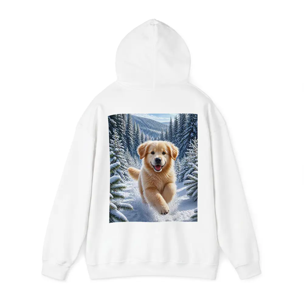Golden Retriever Puppy Running Through Snowy Forest – Hoodies