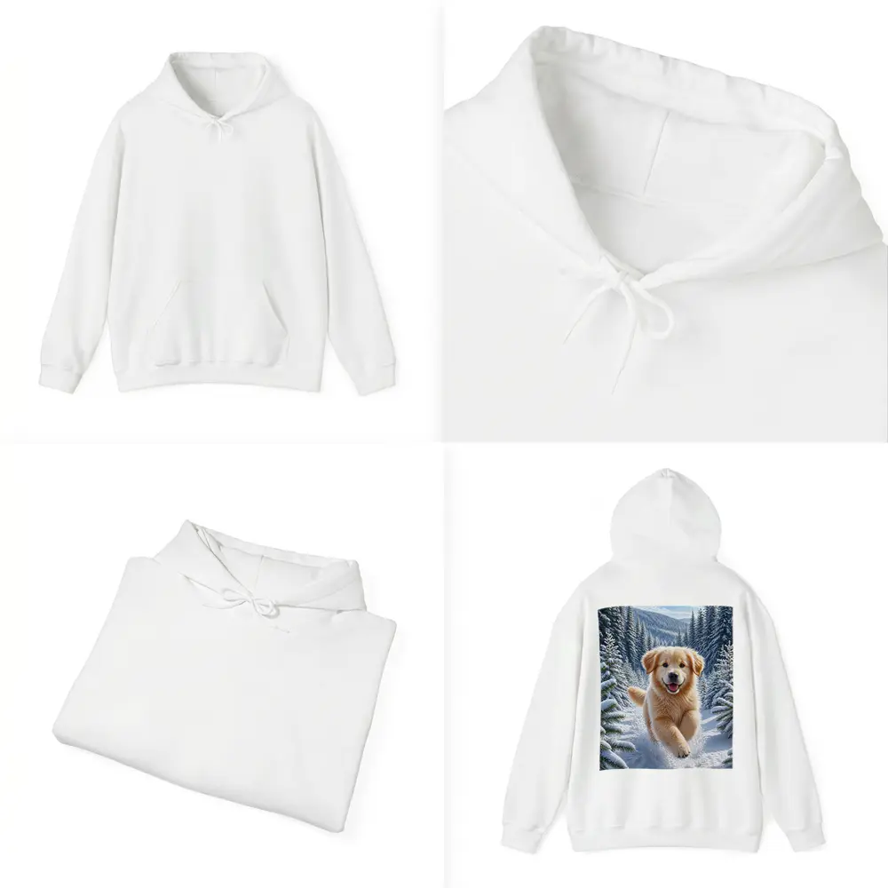 Golden Retriever Puppy Running Through Snowy Forest – Hoodies