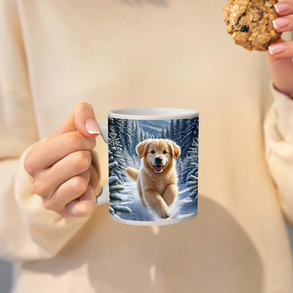 Golden Retriever Puppy Running Through Snowy Forest – Mugs