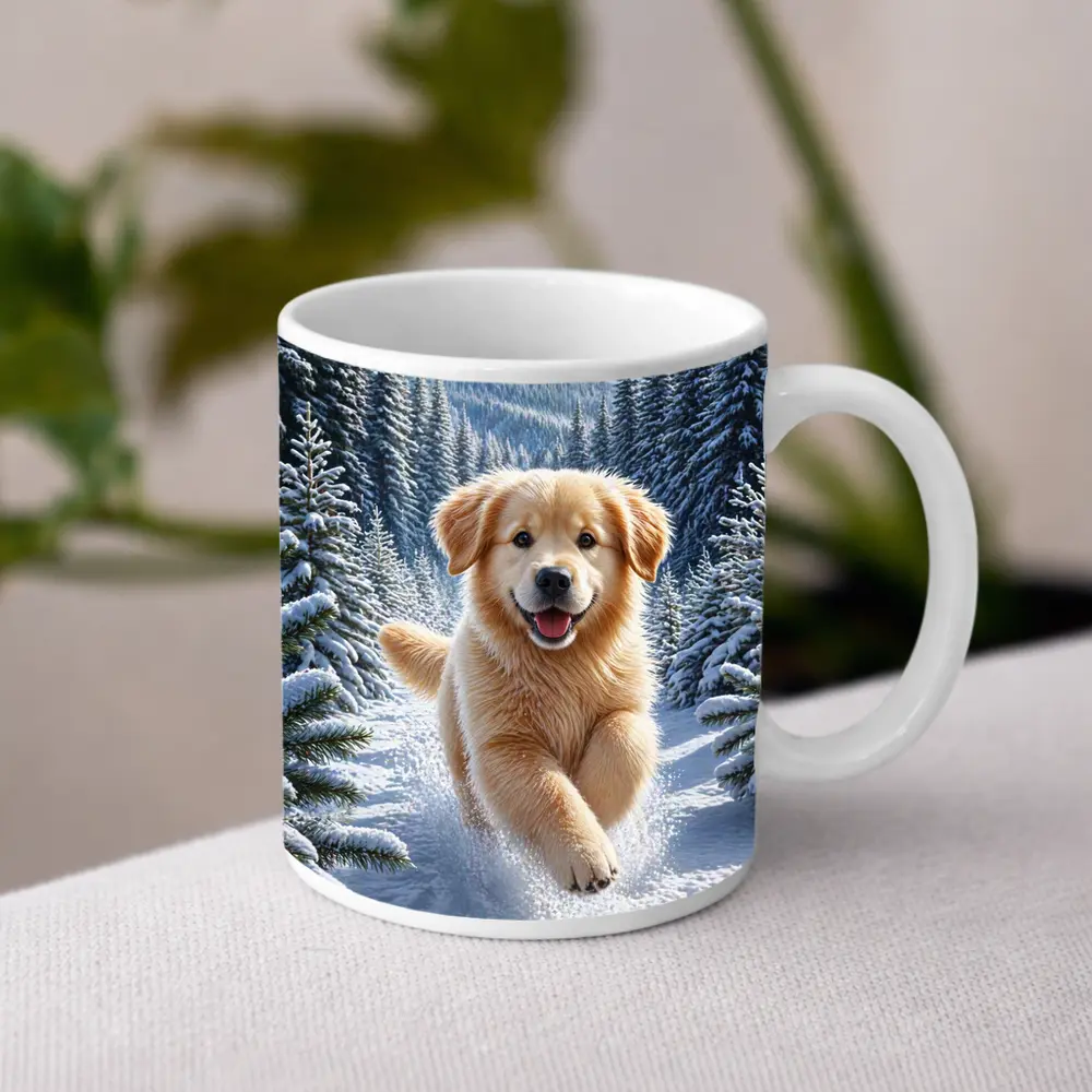 Golden Retriever Puppy Running Through Snowy Forest – Mugs
