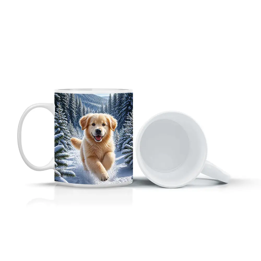 Golden Retriever Puppy Running Through Snowy Forest – Mugs