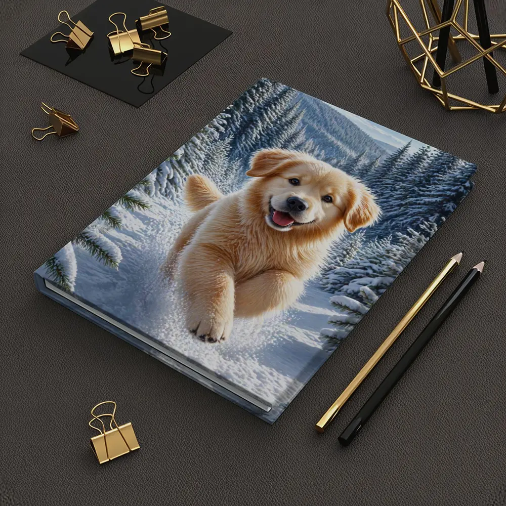 Golden Retriever Puppy Running Through Snowy Forest – Notebooks
