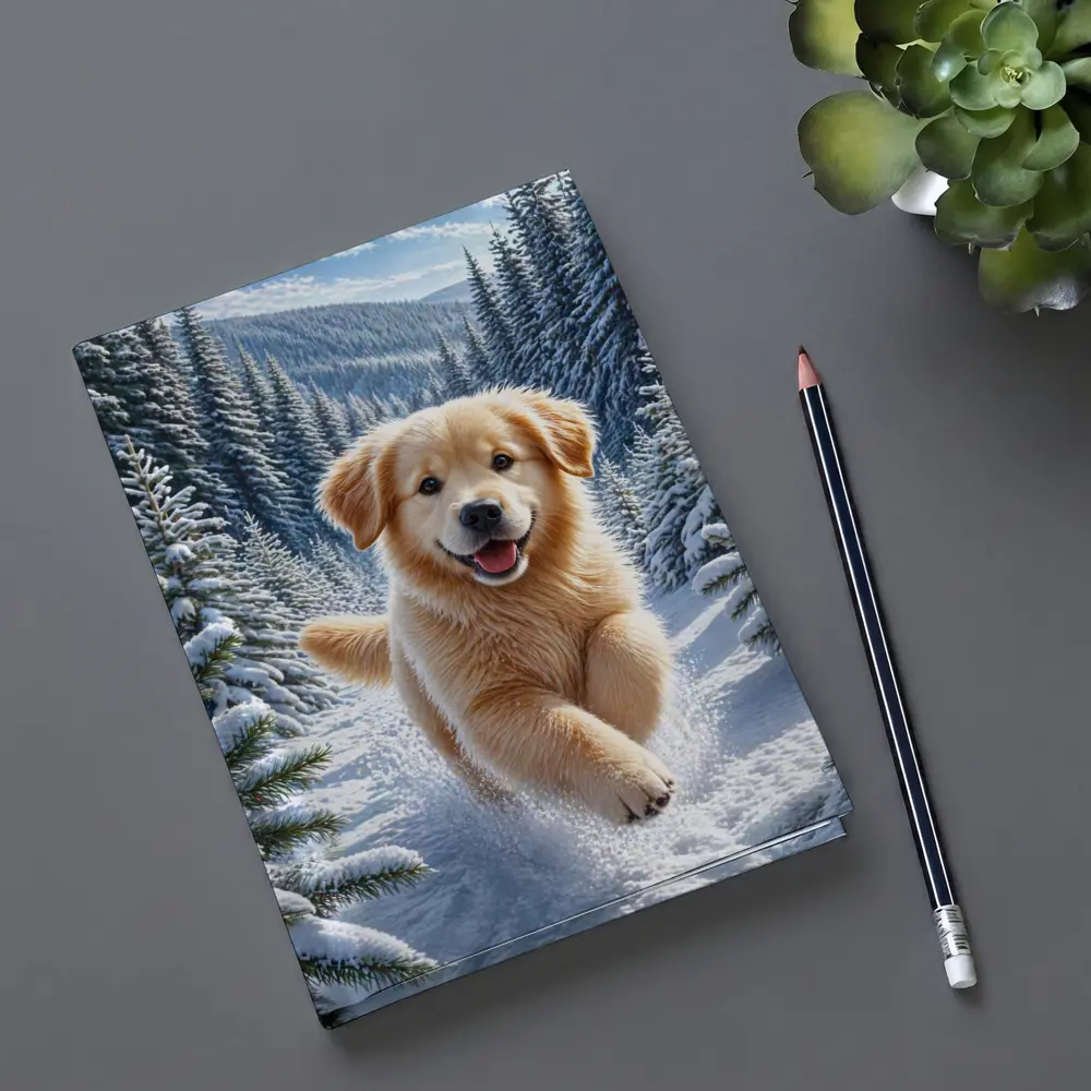 Golden Retriever Puppy Running Through Snowy Forest – Notebooks