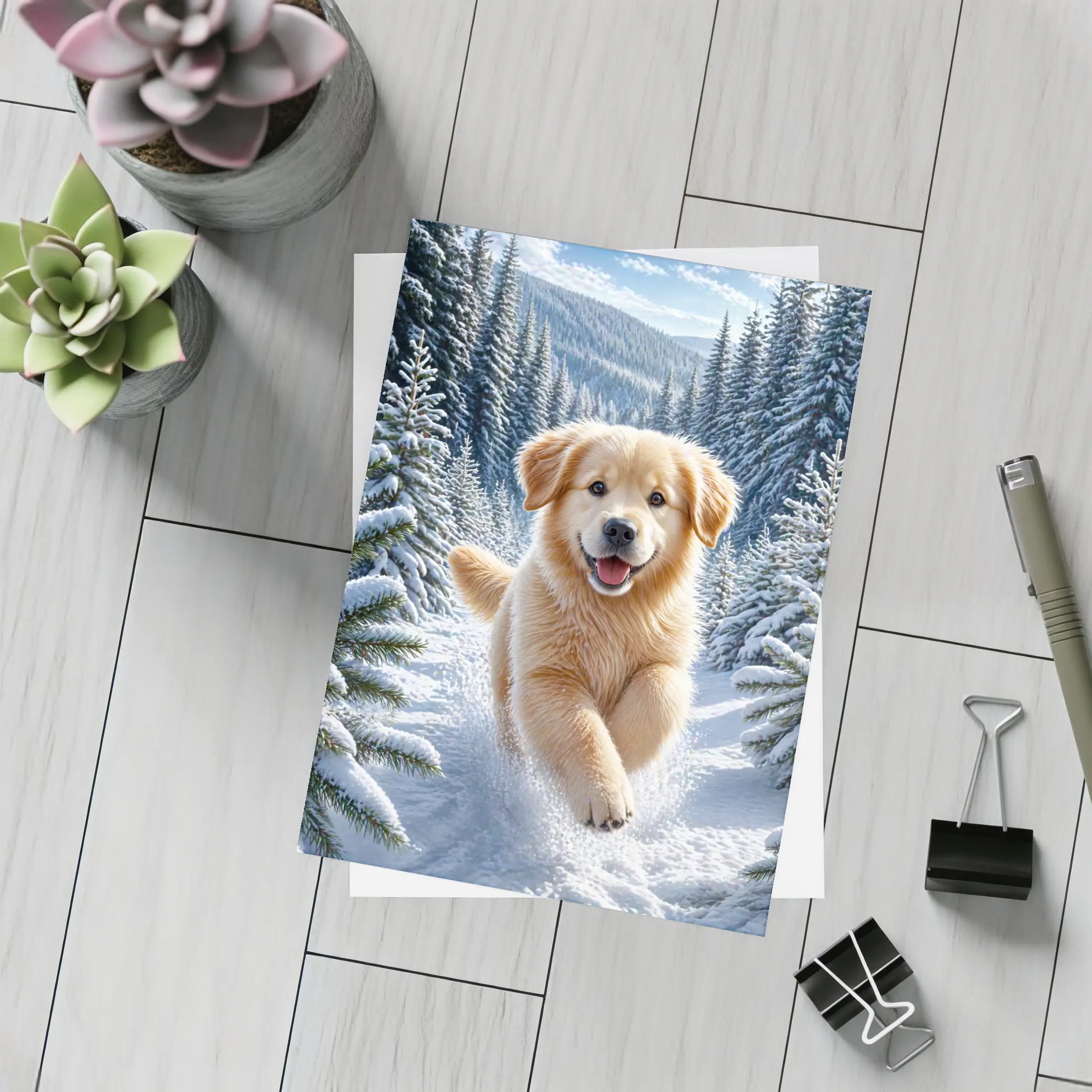 Golden Retriever Puppy Running Through Snowy Forest – Postcards