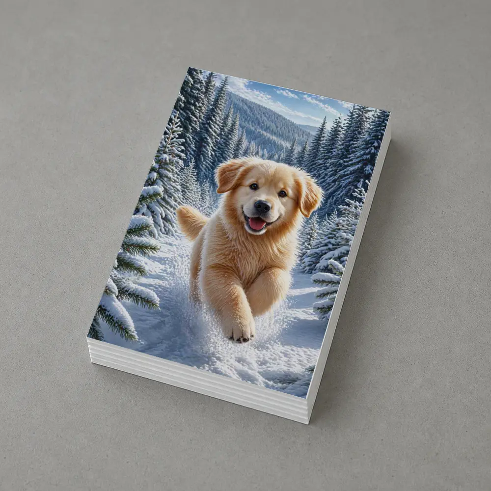 Golden Retriever Puppy Running Through Snowy Forest – Postcards