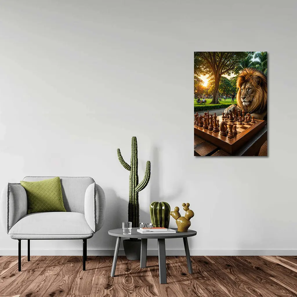 Lion Playing Chess in Sunny Park – Wall Art