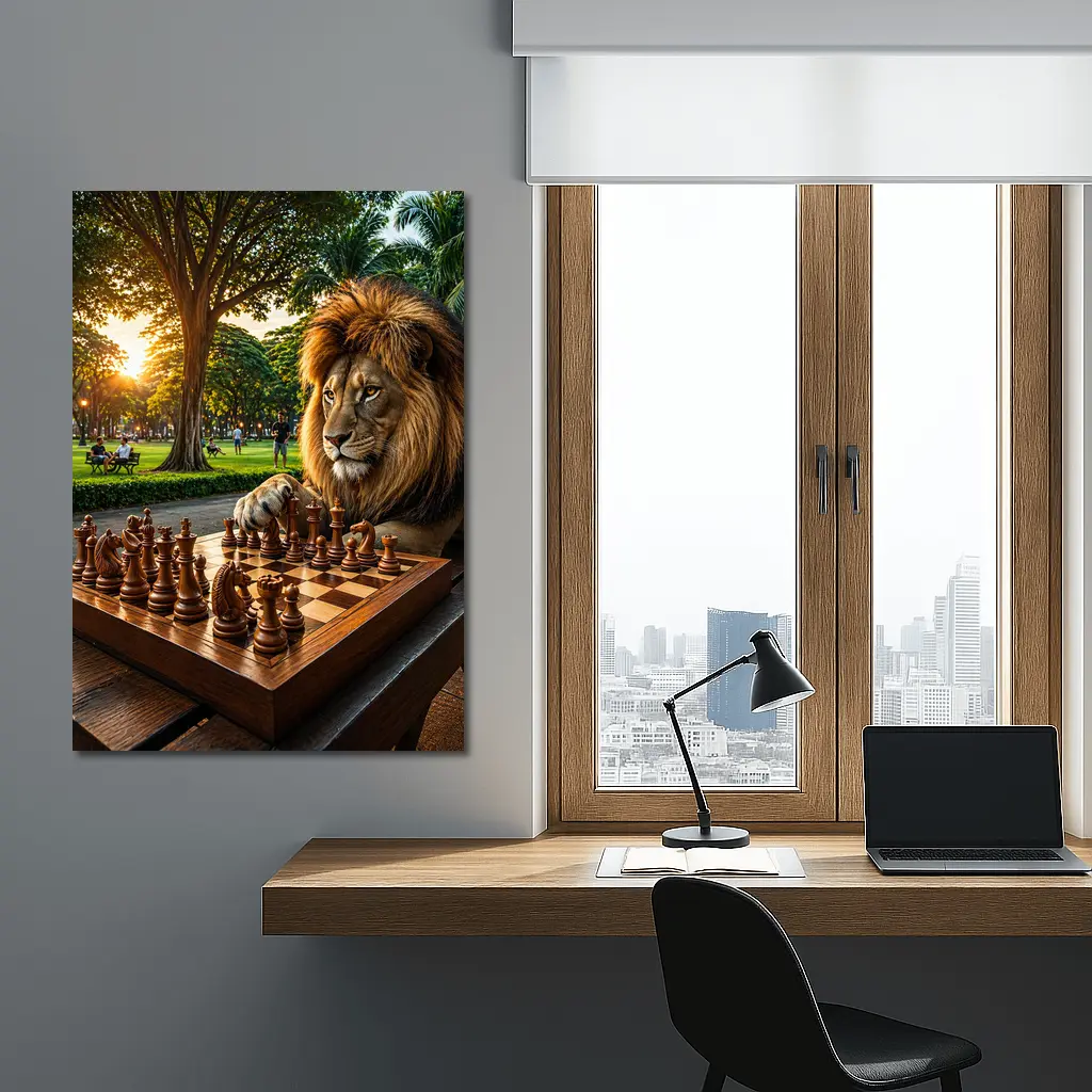 Lion Playing Chess in Sunny Park – Wall Art