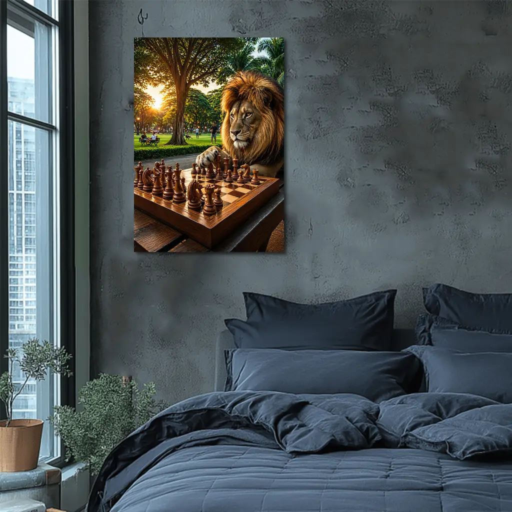 Lion Playing Chess in Sunny Park – Wall Art