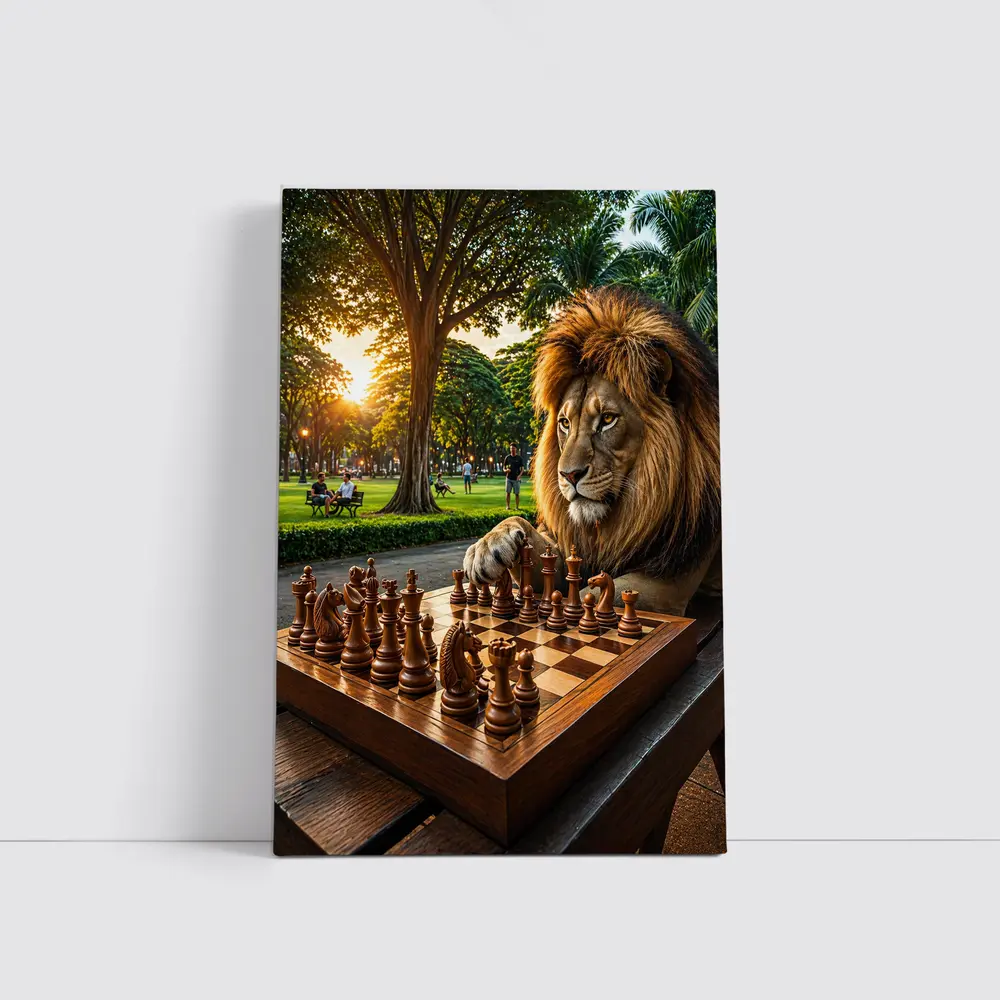 Lion Playing Chess in Sunny Park – Wall Art