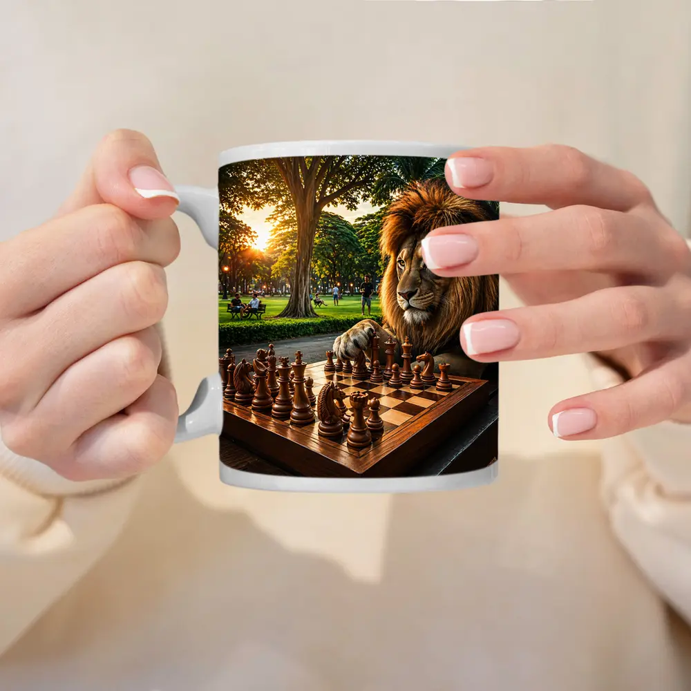 Lion Playing Chess in Sunny Park – Mugs