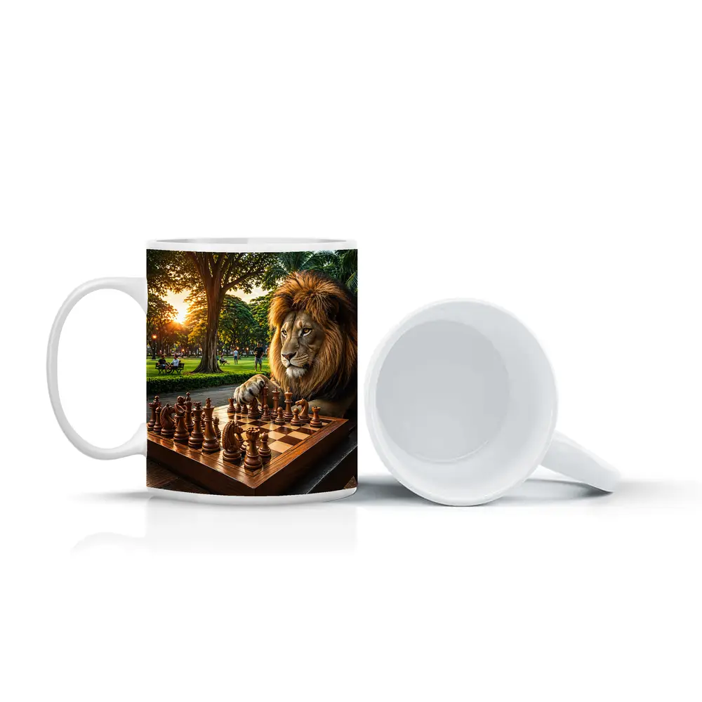 Lion Playing Chess in Sunny Park – Mugs