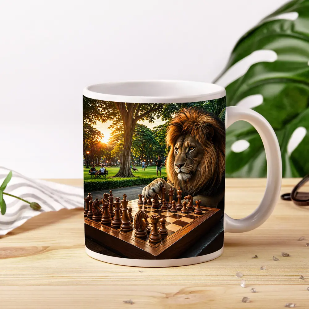 Lion Playing Chess in Sunny Park – Mugs