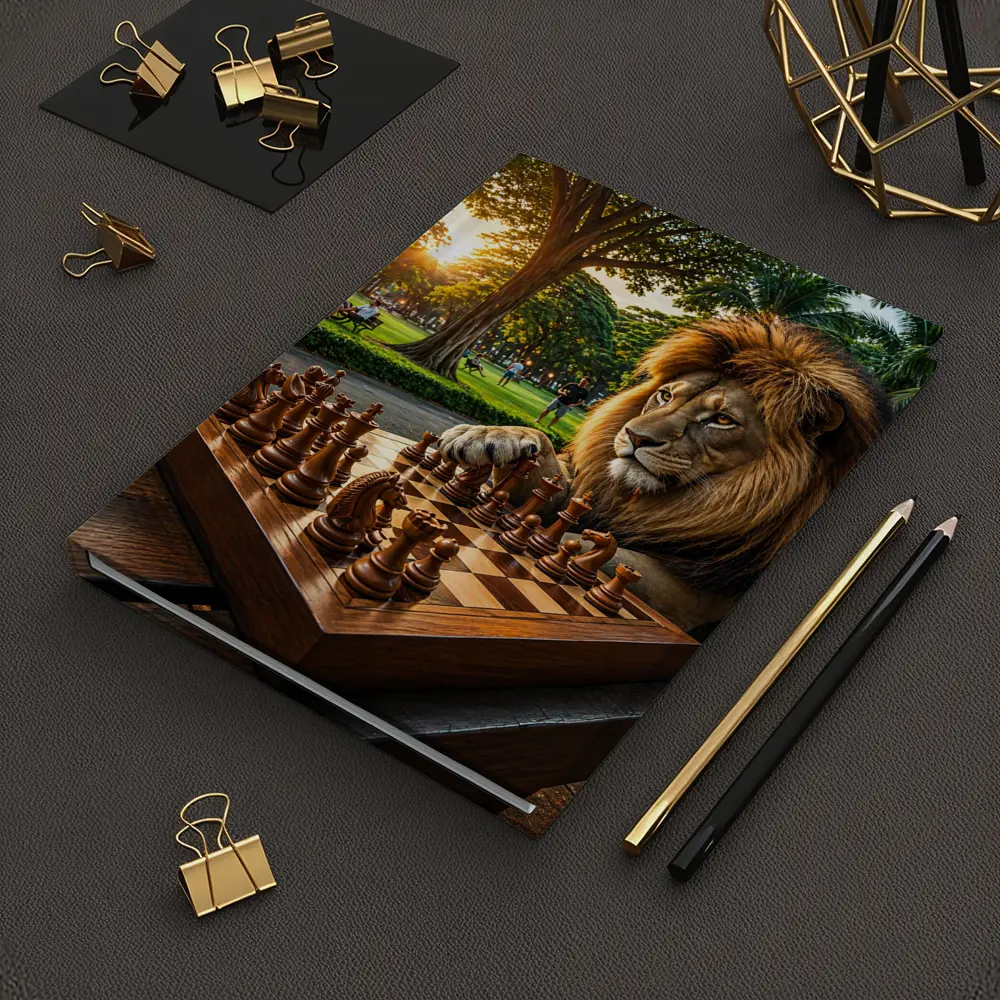 Lion Playing Chess in Sunny Park – Notebooks
