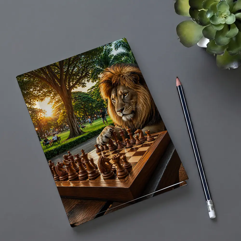 Lion Playing Chess in Sunny Park – Notebooks