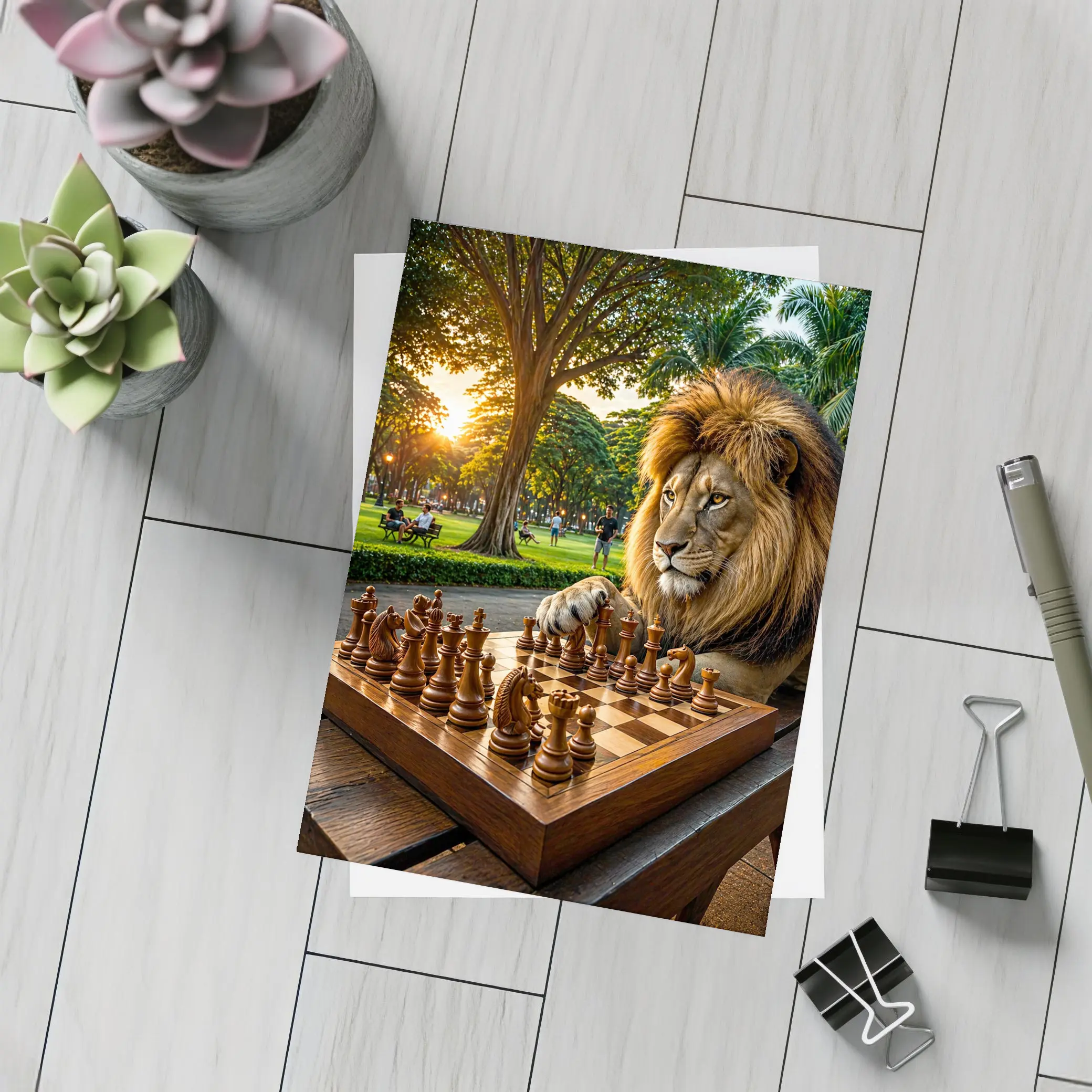 Lion Playing Chess in Sunny Park – Postcards