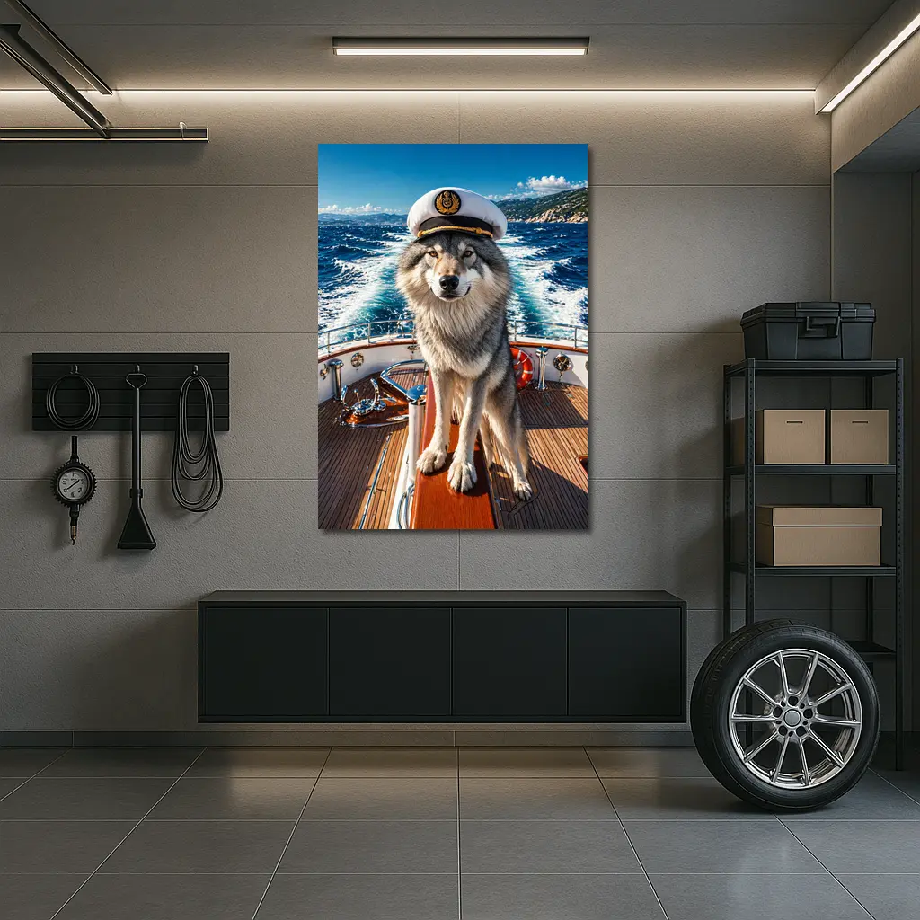 Wolf Captain Wearing Hat on Yacht – Wall Art