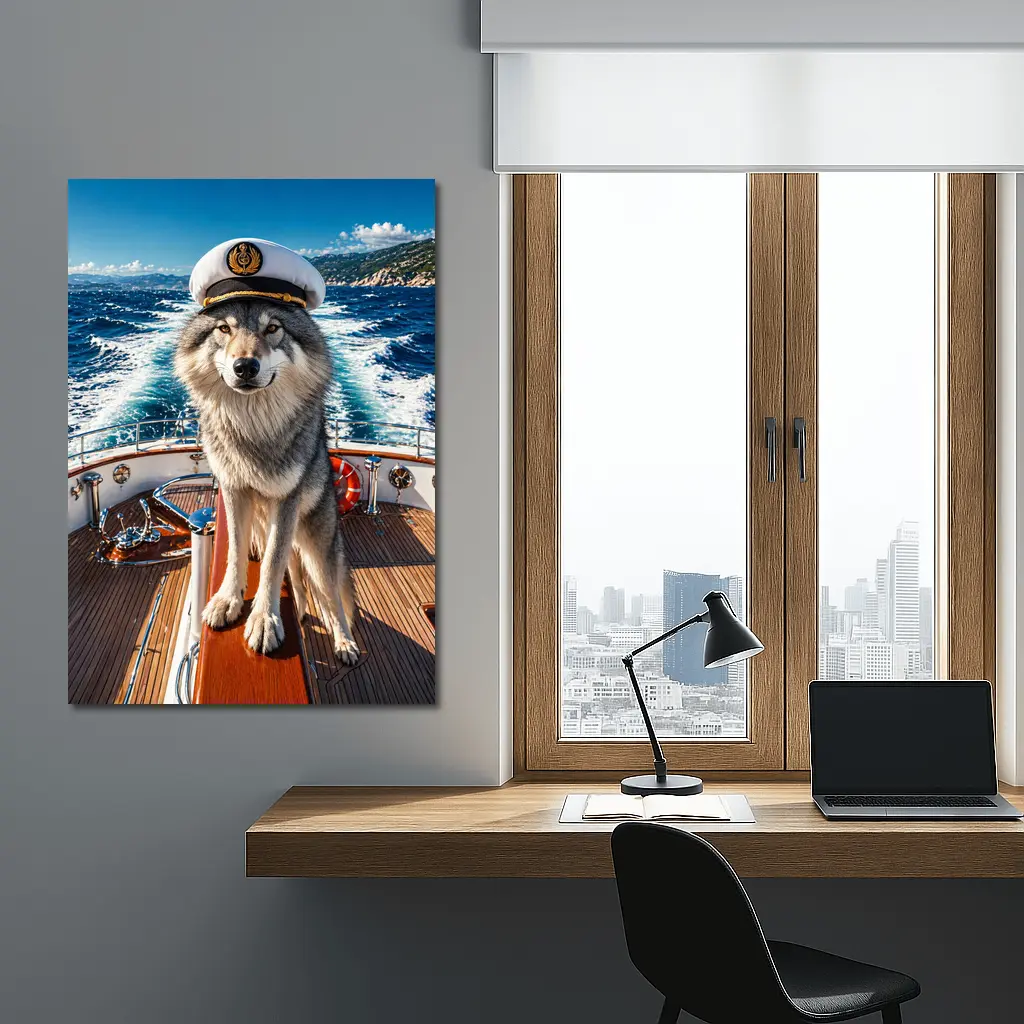 Wolf Captain Wearing Hat on Yacht – Wall Art