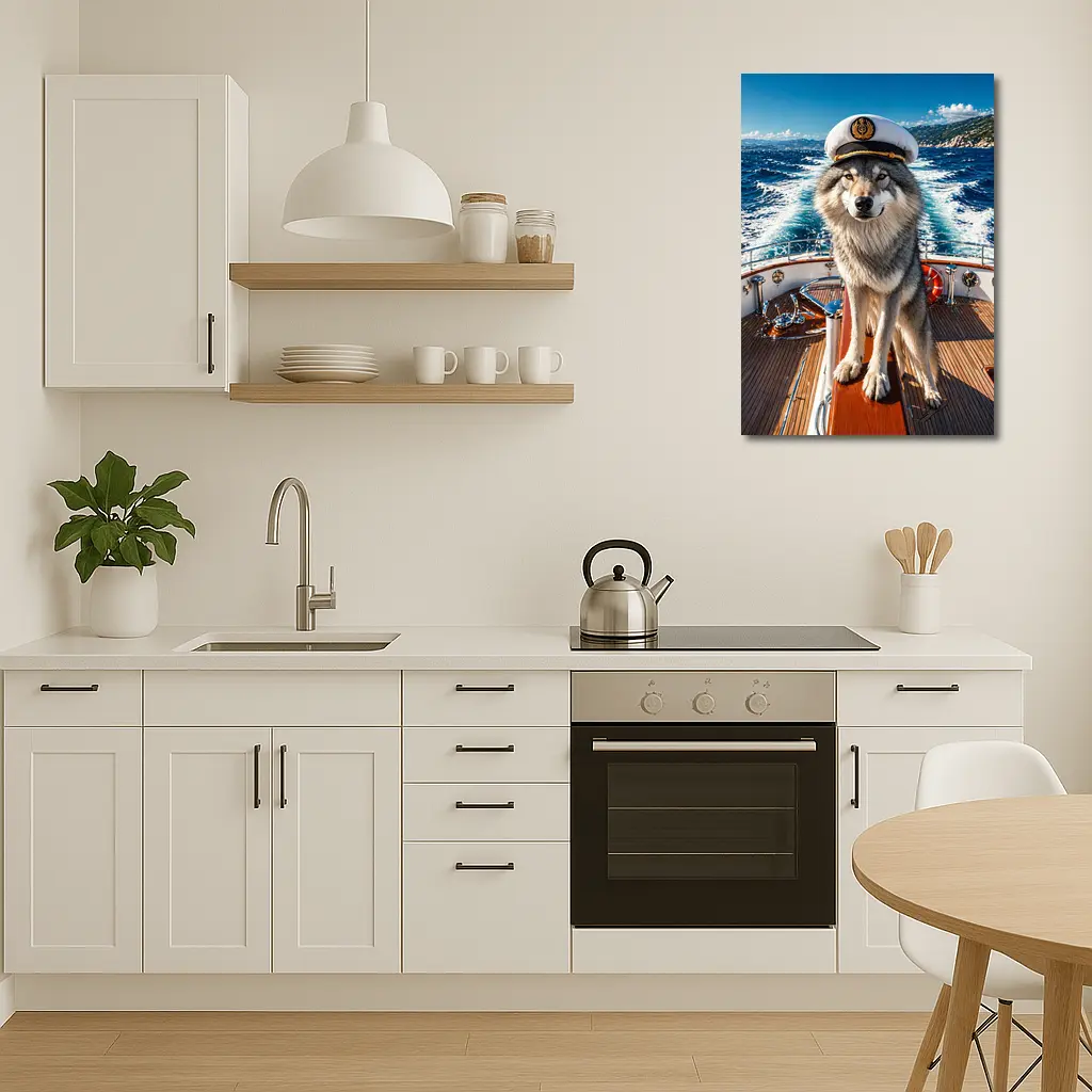 Wolf Captain Wearing Hat on Yacht – Wall Art