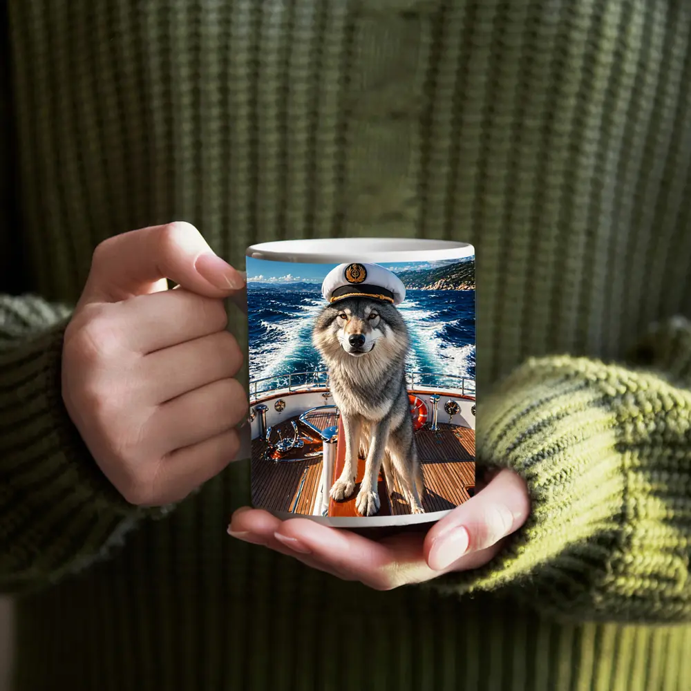Wolf Captain Wearing Hat on Yacht – Mugs