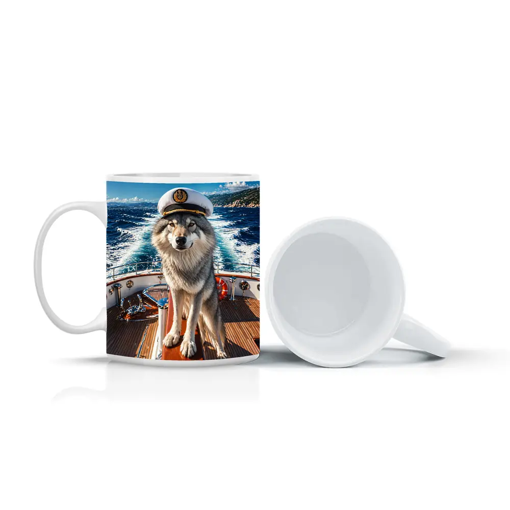 Wolf Captain Wearing Hat on Yacht – Mugs