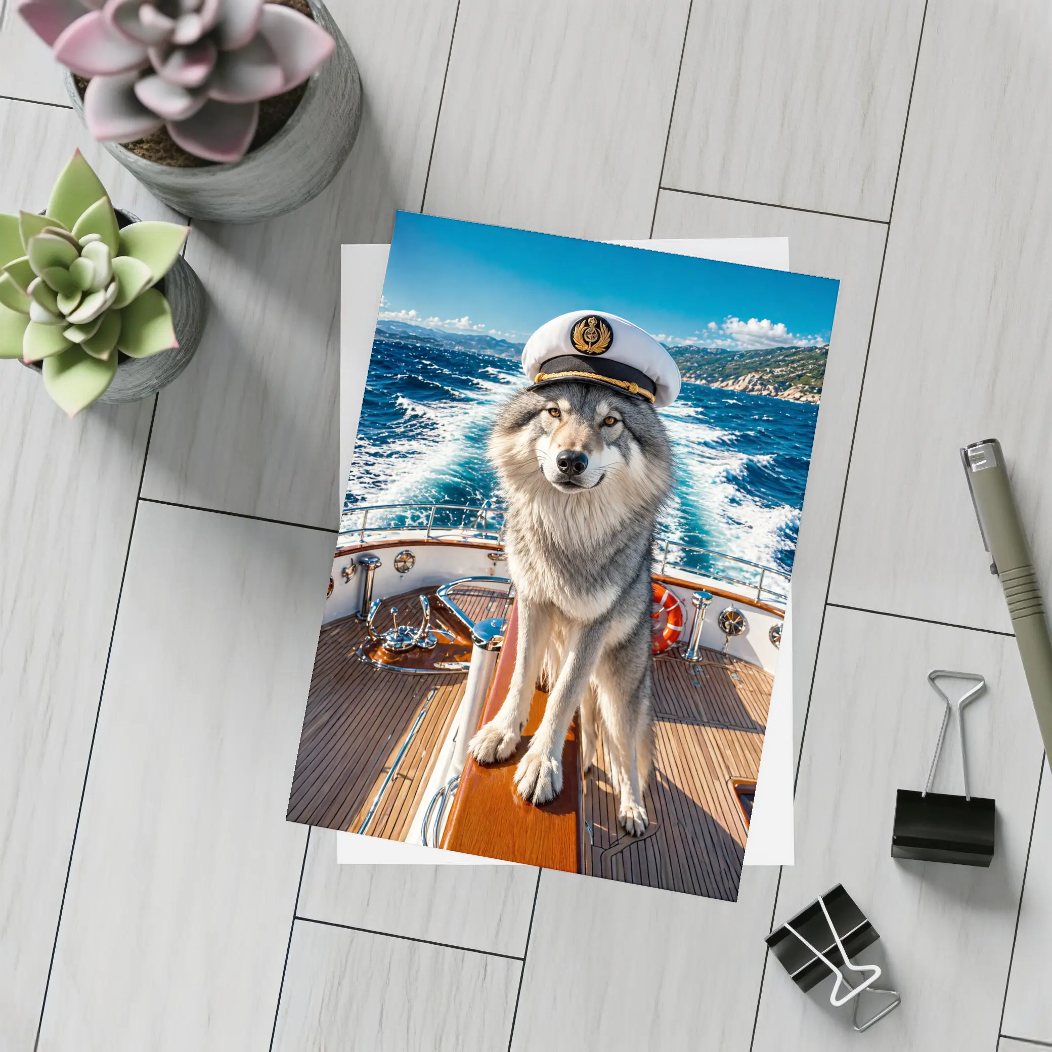 Wolf Captain Wearing Hat on Yacht – Postcards