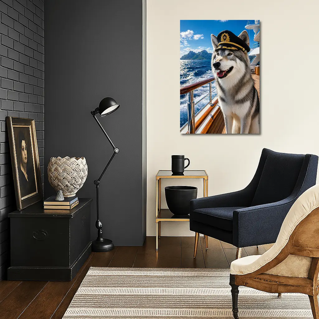 Siberian Husky Captain on Luxury Yacht – Wall Art