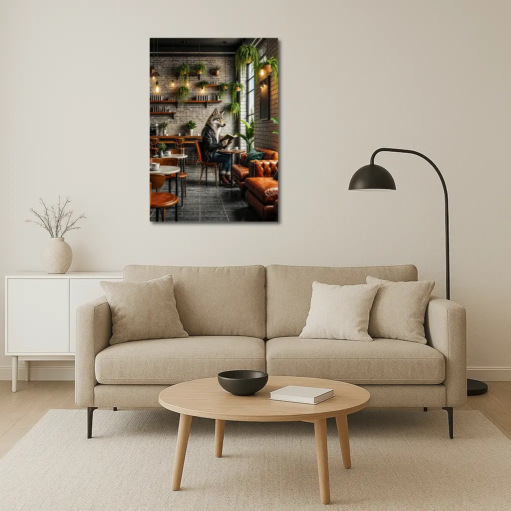Wolf Reading Book In Stylish Cafe – Wall Art