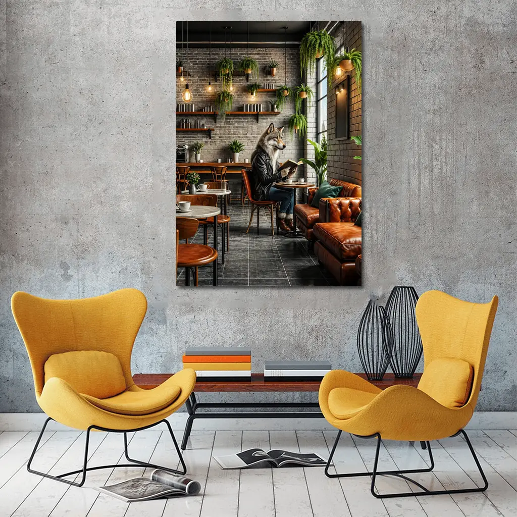 Wolf Reading Book In Stylish Cafe – Wall Art