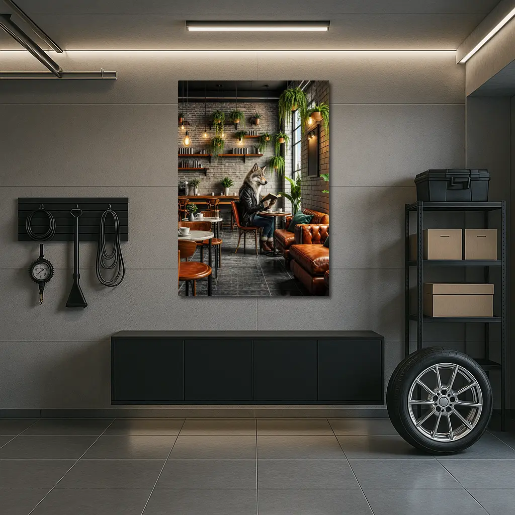 Wolf Reading Book In Stylish Cafe – Wall Art
