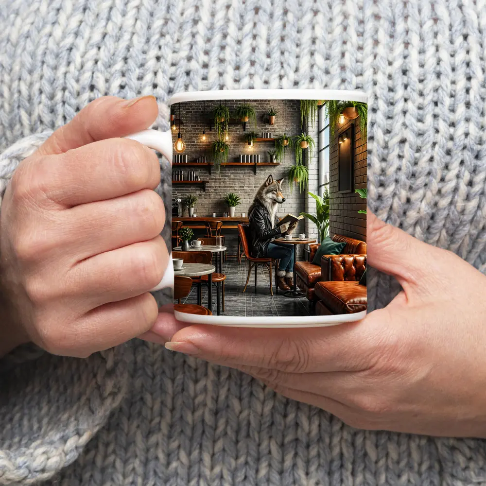 Wolf Reading Book In Stylish Cafe – Mugs