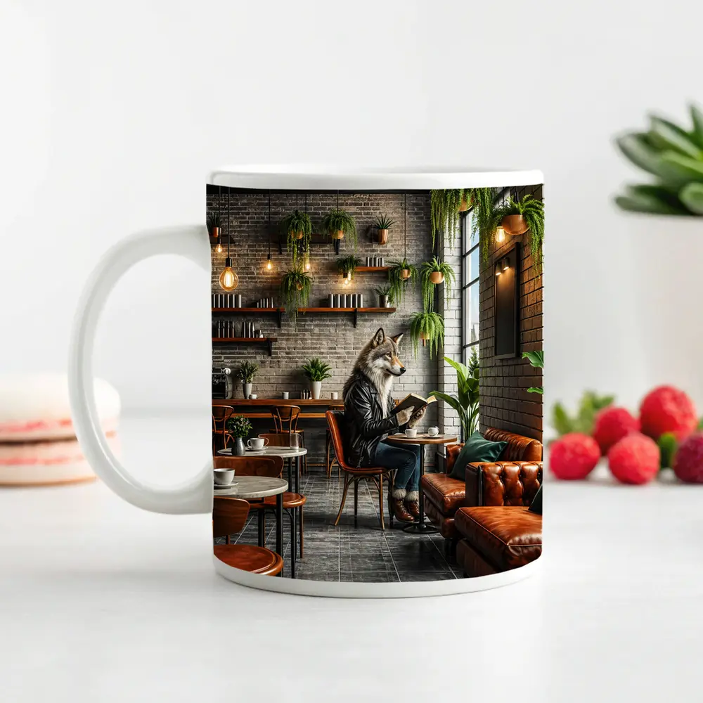 Wolf Reading Book In Stylish Cafe – Mugs