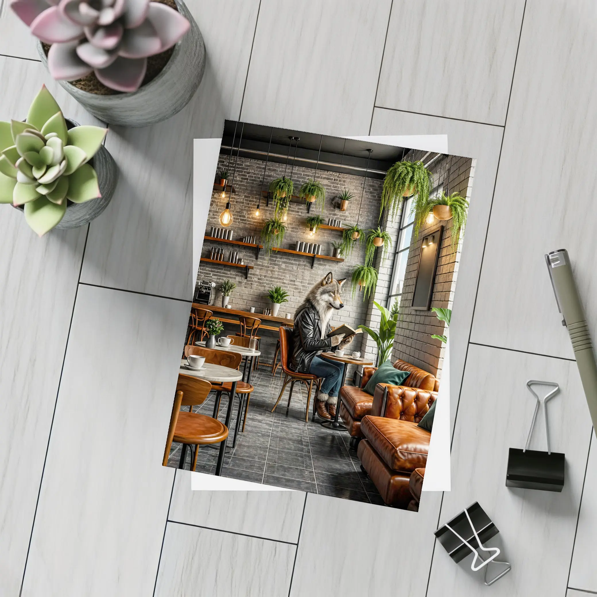 Wolf Reading Book In Stylish Cafe – Postcards