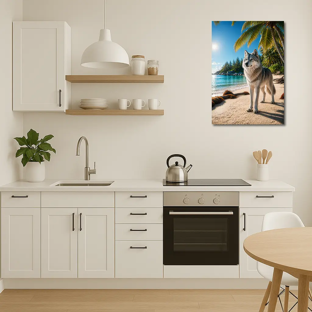 Wolf Standing on Tropical Sandy Beach – Wall Art