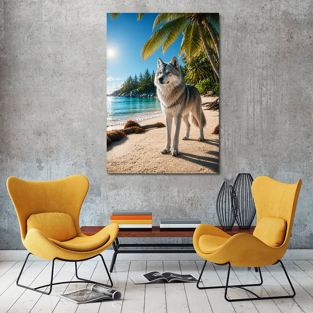 Wolf Standing on Tropical Sandy Beach – Wall Art