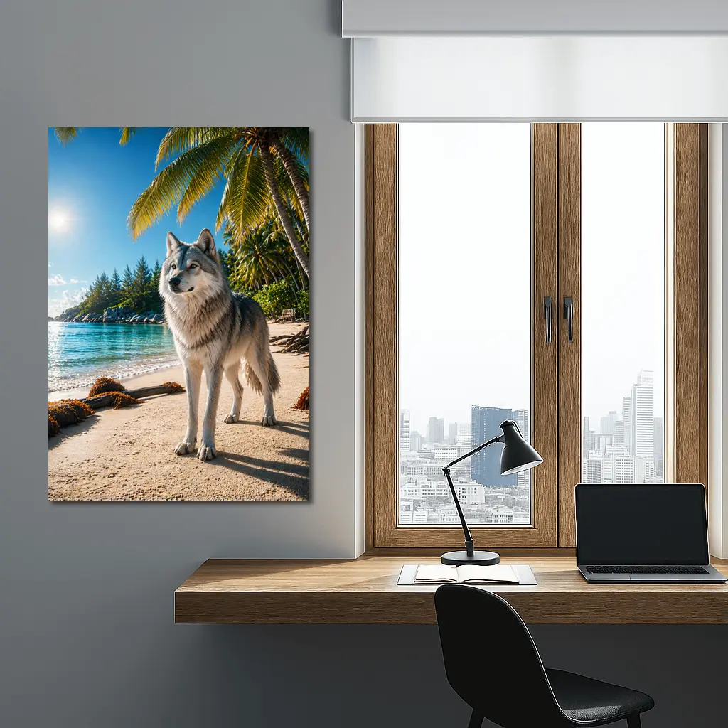 Wolf Standing on Tropical Sandy Beach – Wall Art