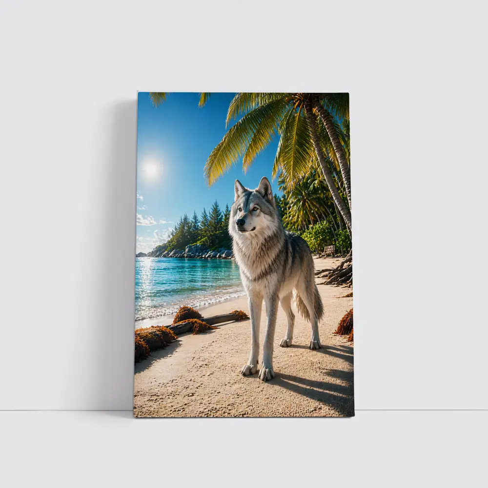 Wolf Standing on Tropical Sandy Beach – Wall Art