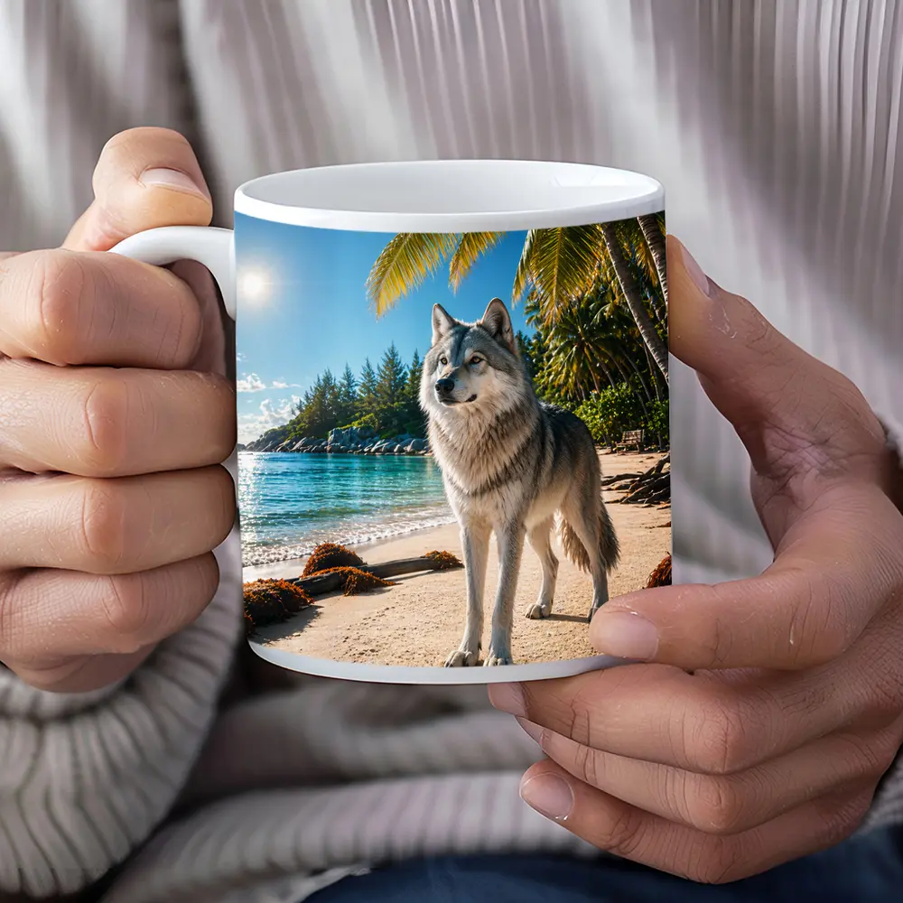 Wolf Standing on Tropical Sandy Beach – Mugs