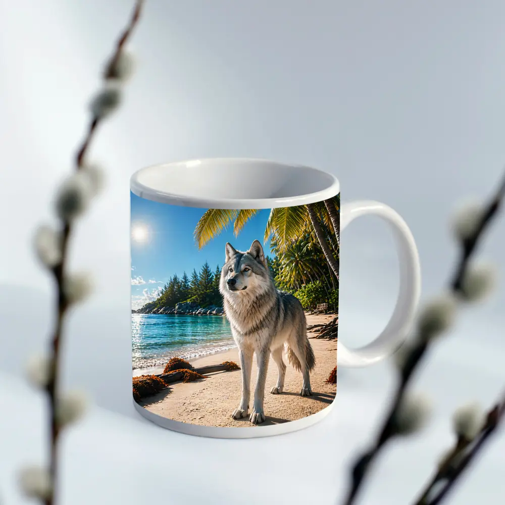 Wolf Standing on Tropical Sandy Beach – Mugs