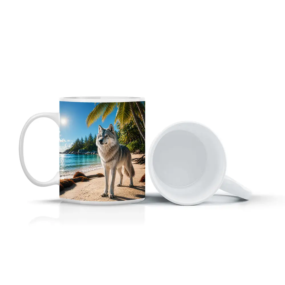 Wolf Standing on Tropical Sandy Beach – Mugs