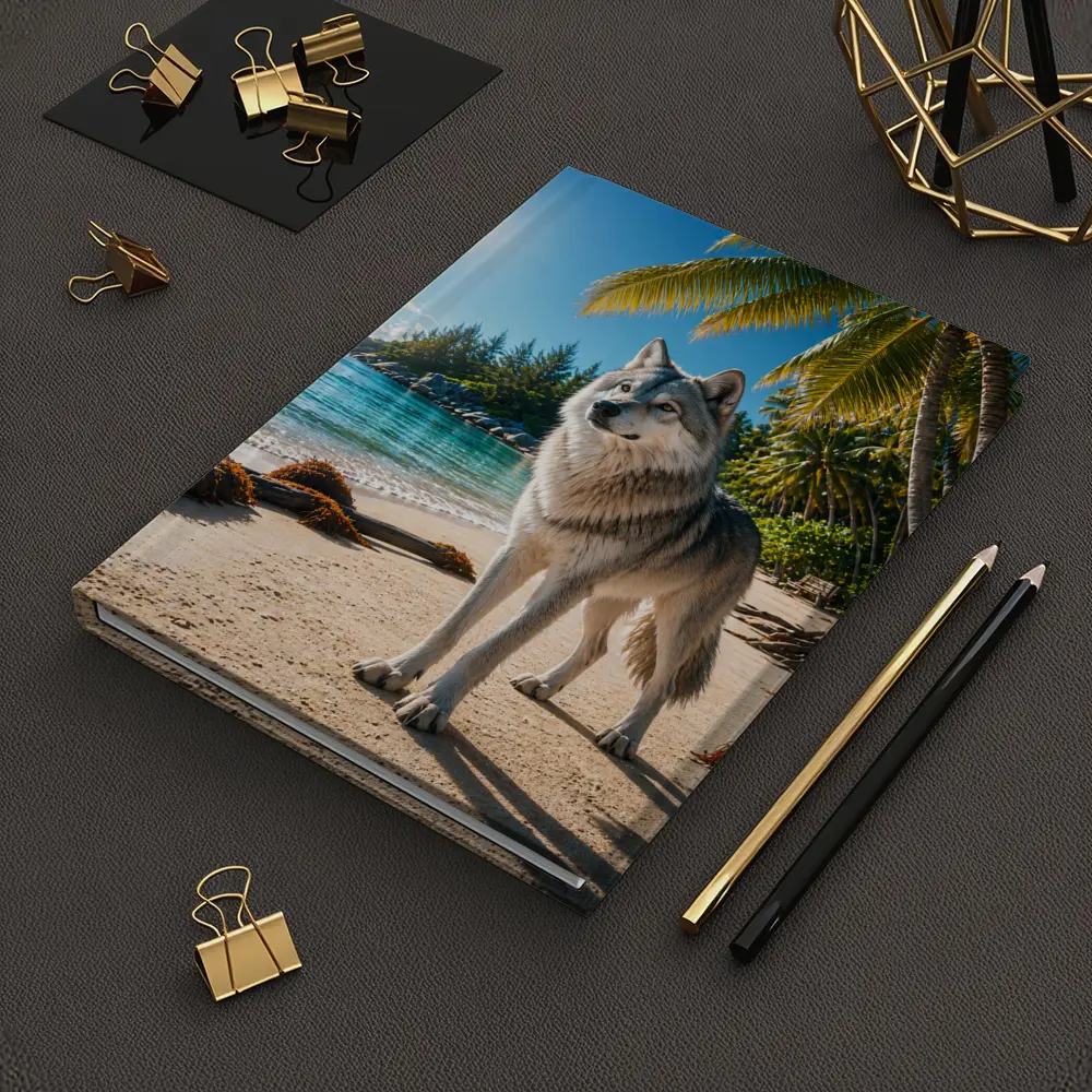 Wolf Standing on Tropical Sandy Beach – Notebooks