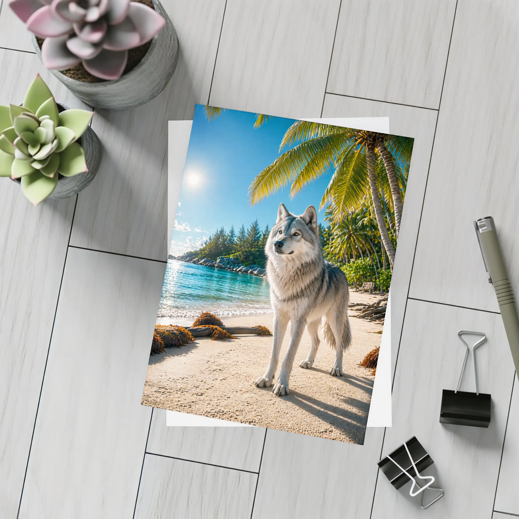 Wolf Standing on Tropical Sandy Beach – Postcards