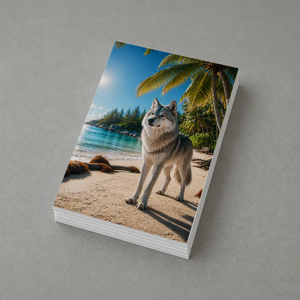 Wolf Standing on Tropical Sandy Beach – Postcards